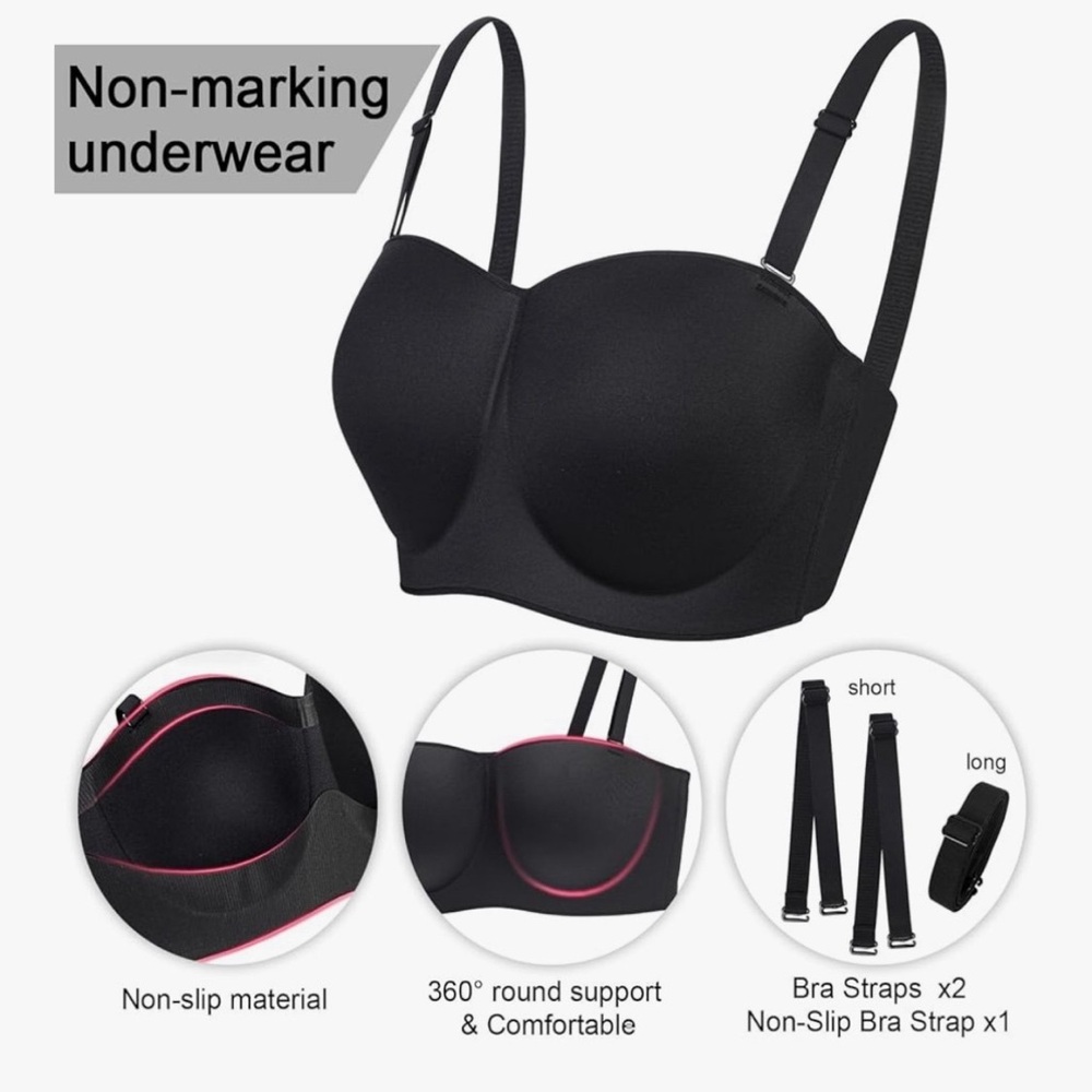 Black Strapless Convertible Bra with Seamless Finish
